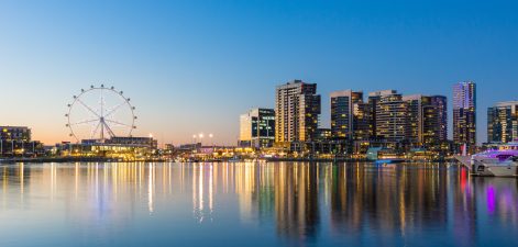 Panoramic image of the docklands waterfront area of Melbourne at night