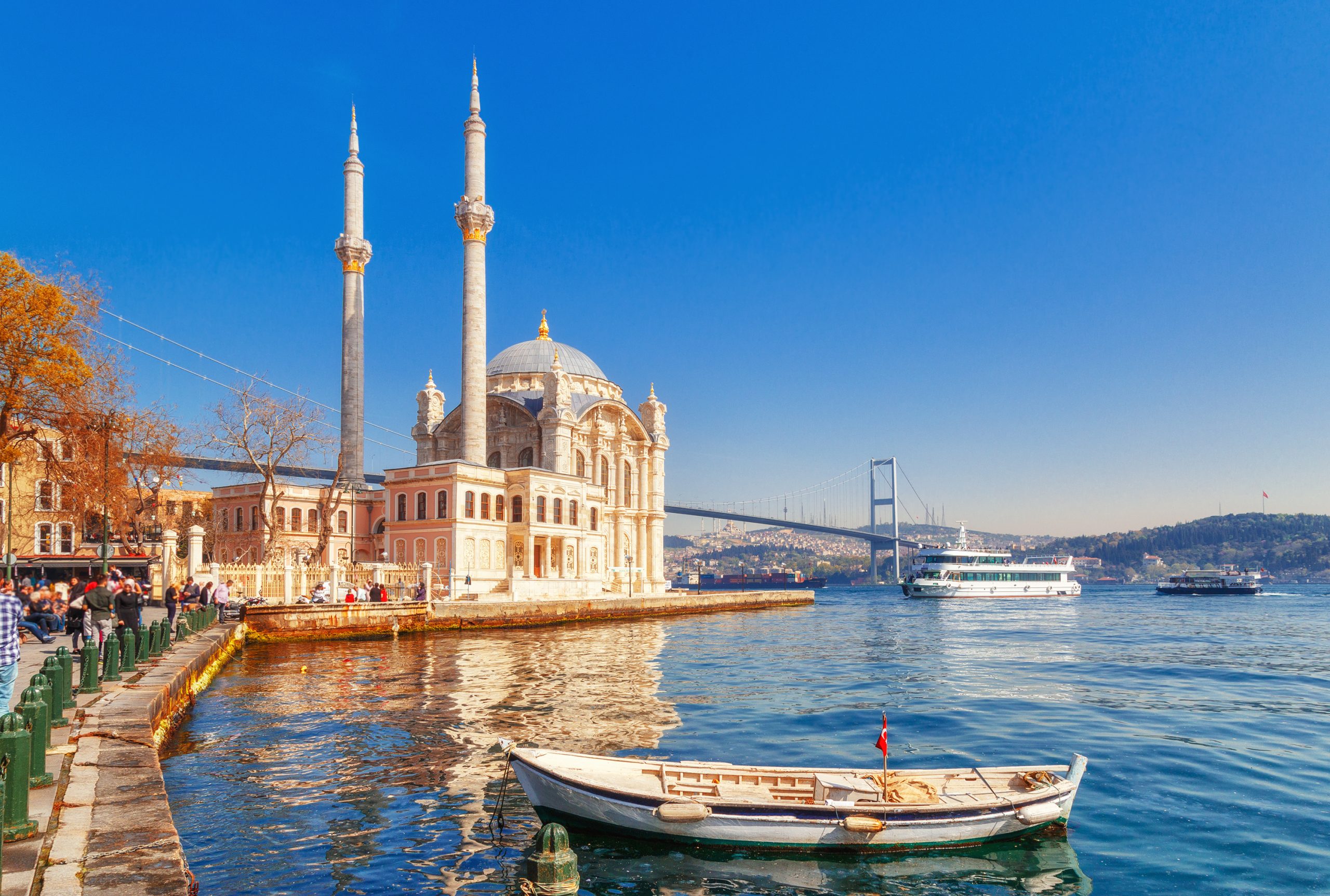 Ortaköy Mosque is a famous spot in Istanbul along the Ortaköy pier square.